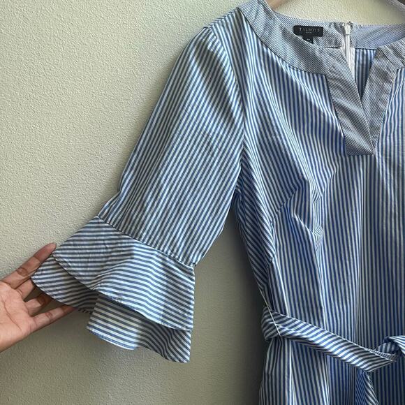 TALBOTS Cotton Blue and White Striped Flutter Sleeve Tie Waist Dress 4P Nautical - Picture 4 of 7